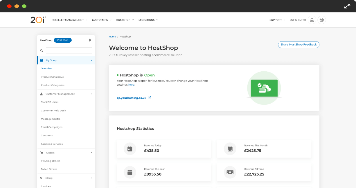 HostShop in browser, free web hosting automation best alternative to WHMCS