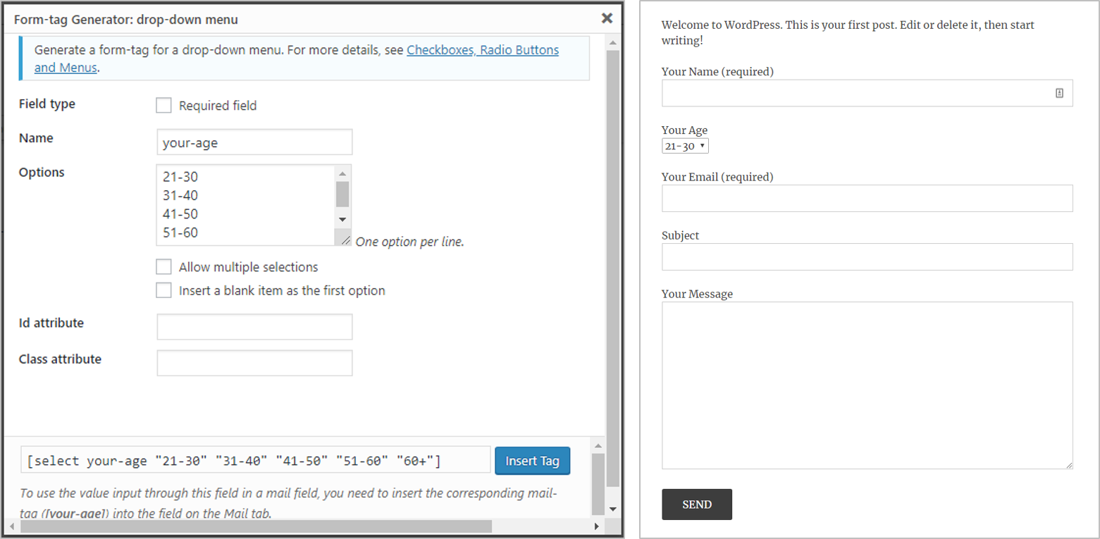 Contact form configuration in WordPress