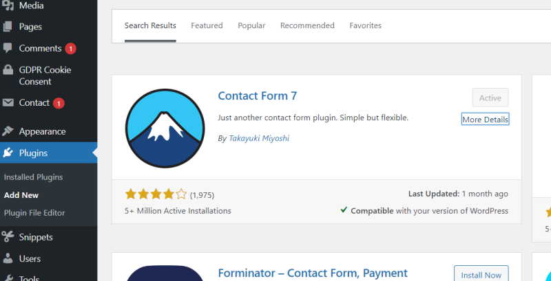 WordPress plugins page to install contact form.