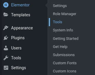 Finding the Elementor tools in the WordPress setting menu.