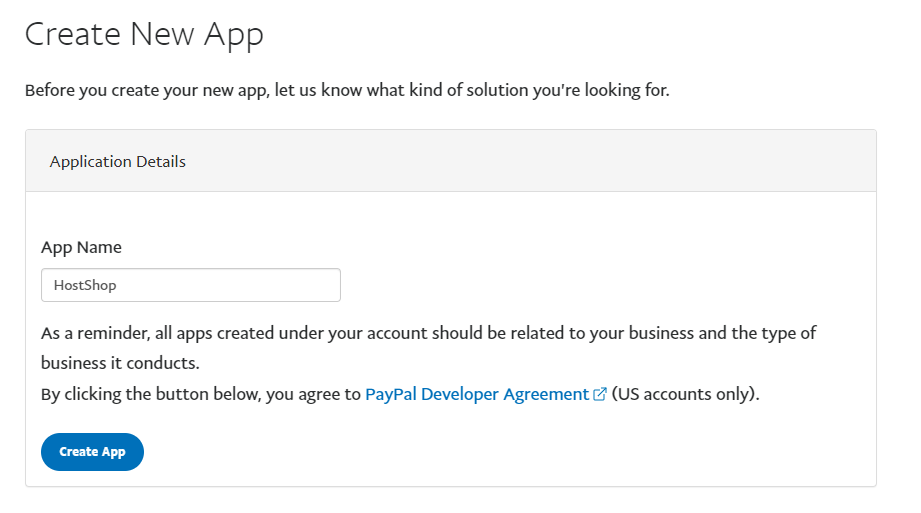 Naming your new PayPal app