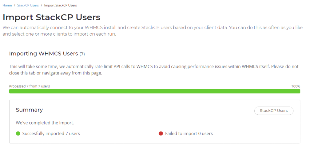Successful import of WHMCS users