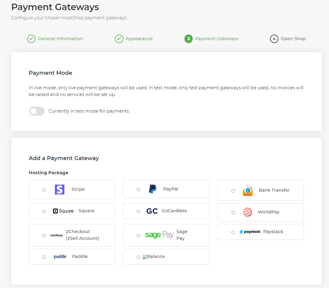 Payment gateway choice for HostShop