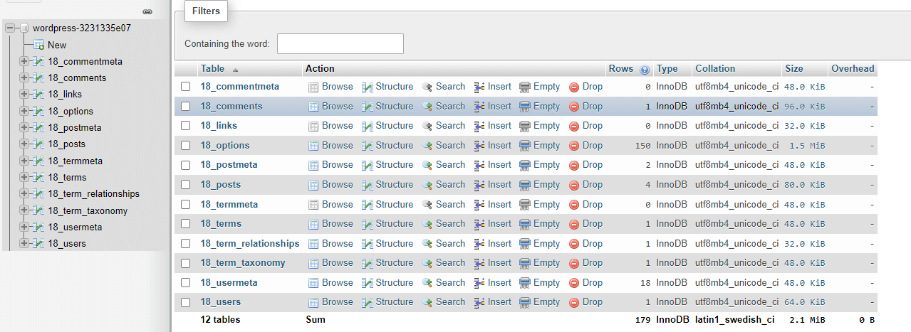 The phpMyAdmin _options table