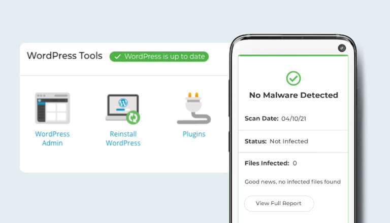 WordPress Tools features, with mobile phone showing no malware detected