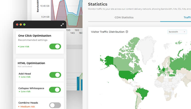 CDN statistics user interface, and Website Acceleration Suite user interface