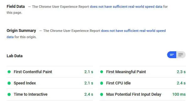 An example Pagespeed Insights report