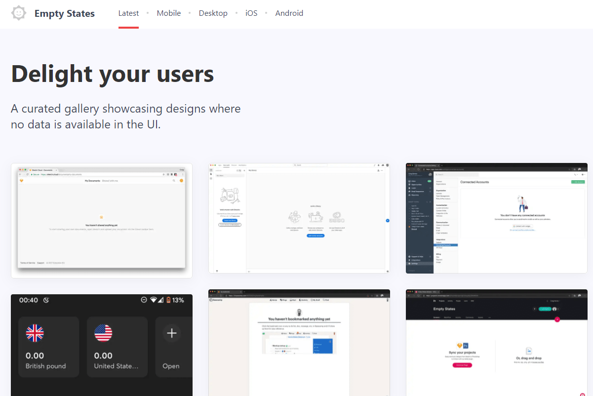 Screenshot of Empty States home page