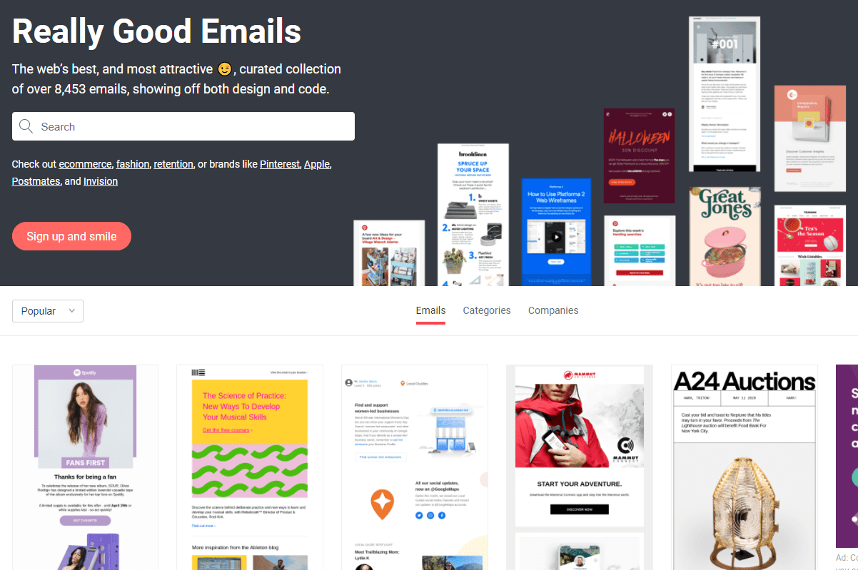 Screenshot of Really Good Emails homepage