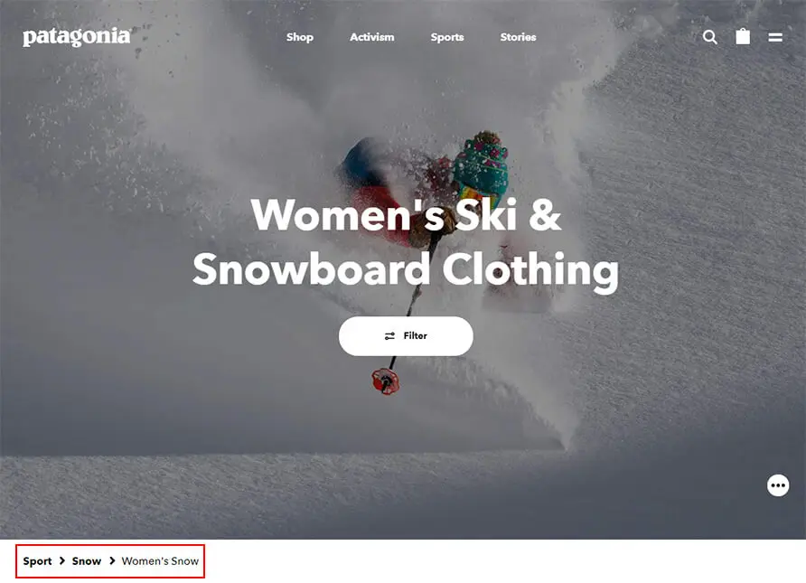 Website accessibility tip: A breadcrumb trail helps users identify where they are and navigate to previous webpages. The Patagonia website uses a breadcrumb trail.
