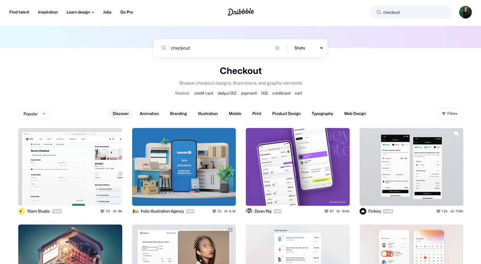 Screenshot of Dribbble home page