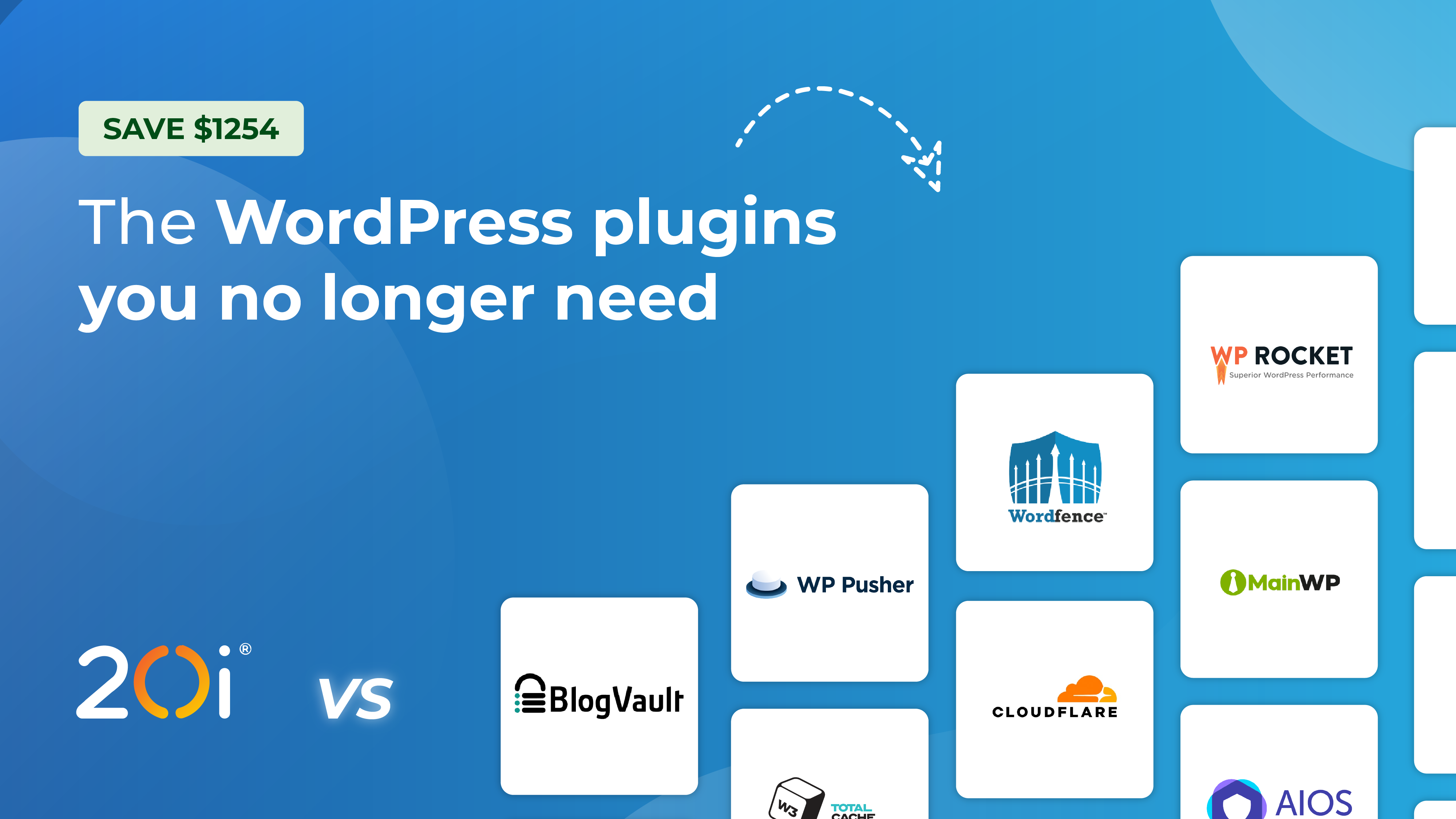 Graphic that shows the logos of many popular WordPress plugins vs 20i