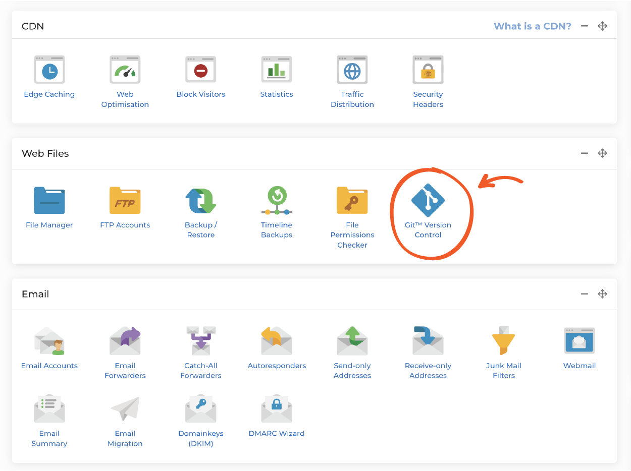 Screenshot highlighting the location of the new Git Version Control icon within My20i