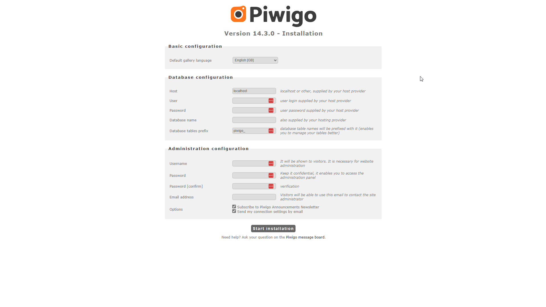 Screenshot of the Piwigo installation screen