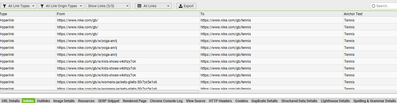 Screaming Frog inlinks overview