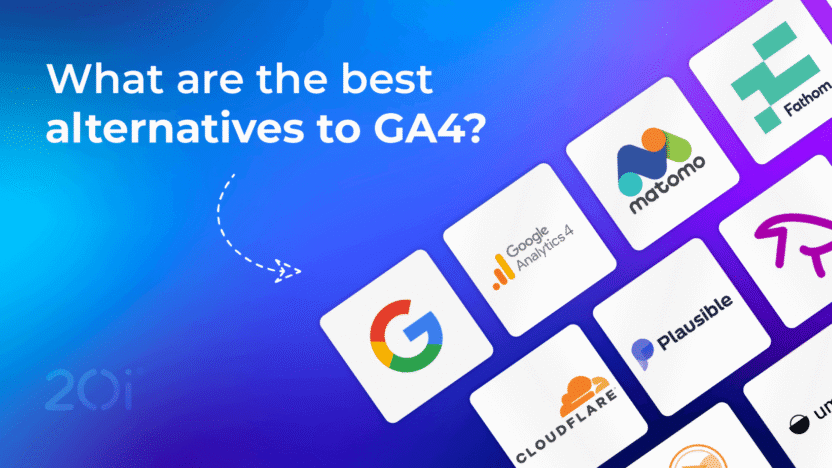 What are the best alternatives to GA4? The logos and icons of various analytics platforms are featured in a grid pattern.
