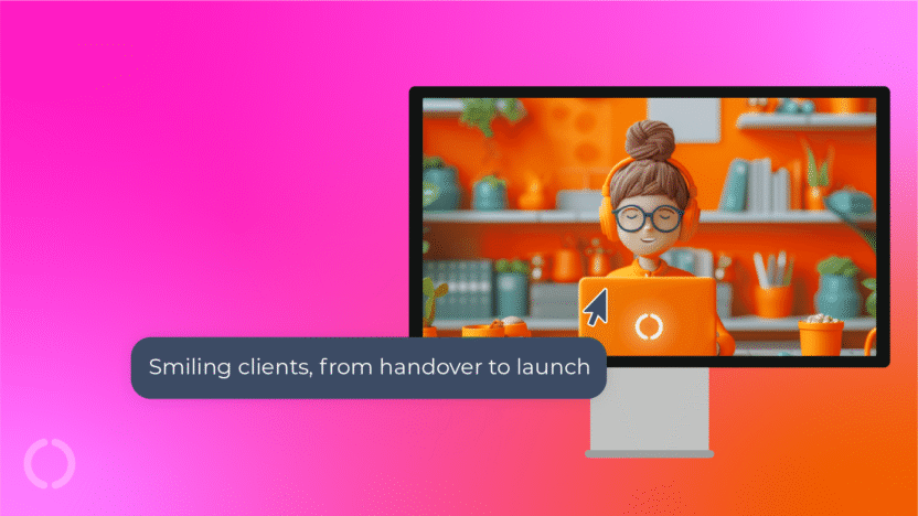 Smiling clients, from handover to launch. A display shows a happy small-business owner using a laptop in her workspace.