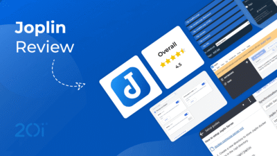 Joplin Review. the Joplin logo, and various elements of the Joplin user interface. A strong 4.5 star rating.