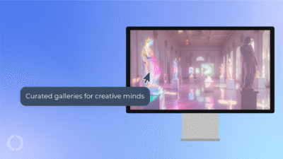 Stunning image of an art gallery shown on a display. Subtitle reads: Curated galleries for creative minds