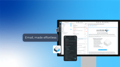 20i's Roundcube review. Subtitle reads: Email, made effortless. Screencaptures of the Roundcube UI are shown on a phone screen and a desktop display.