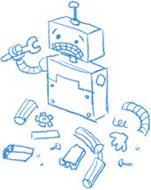 An error 500 robot looking at his parts in confusion