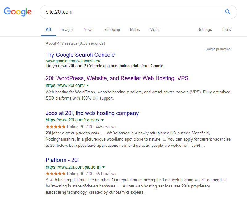 An example of a Google 'site:' search for 20i.com