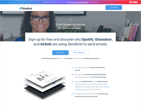 Sendgrid landing page example