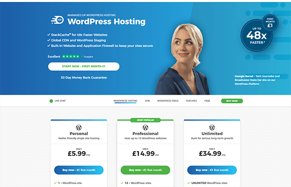 20i WordPress Hosting, with review and celebrity endorsements.