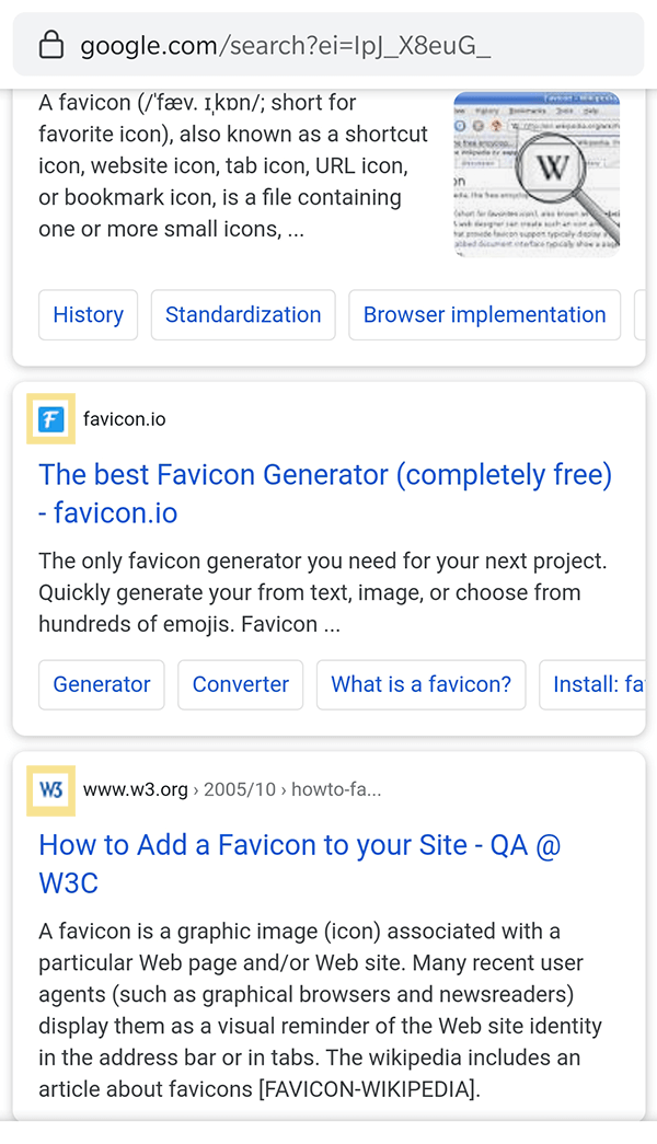 A Google search on a mobile device, showing favicons