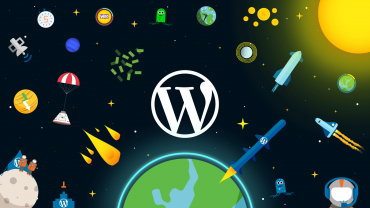 WordPress logo on a space-themed background