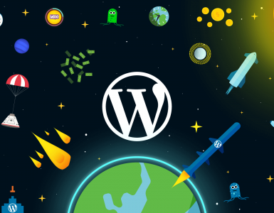 WordPress logo on a space-themed background