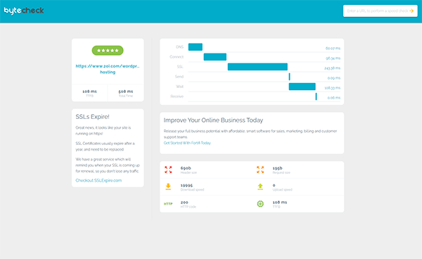A simple Bytecheck site speed testing report