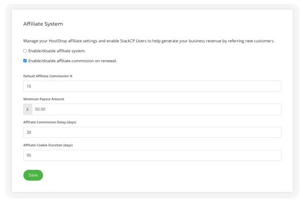 HostShop Affiliate System user interface