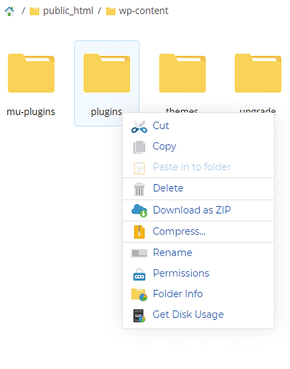 WordPress plugins folder in the 20i File Manager