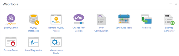 My20i Web Tools menu showing phpMyAdmin