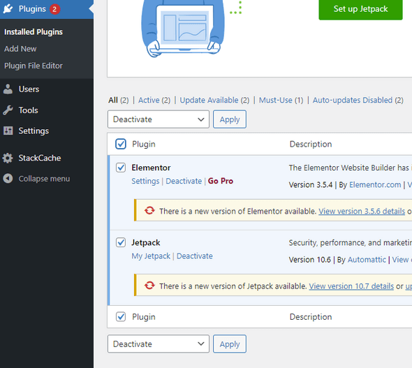 WordPress plugins menu, showing how to deactivate them