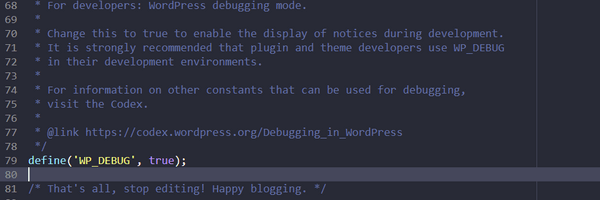 The wp-config file showing the line with the WordPress debugger activated