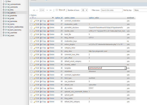 How to change your WordPress theme using the database, via phpMyAdmin.