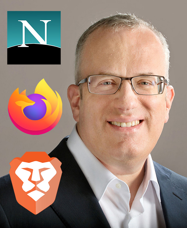 Brendan Eich with the logos of the browsers he was involved-with