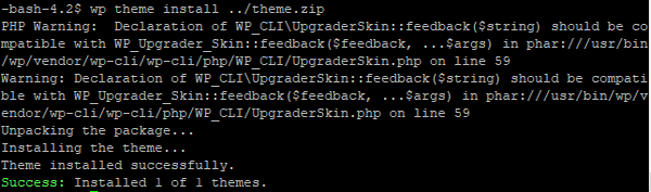 Installing a theme in wp-cli successfully