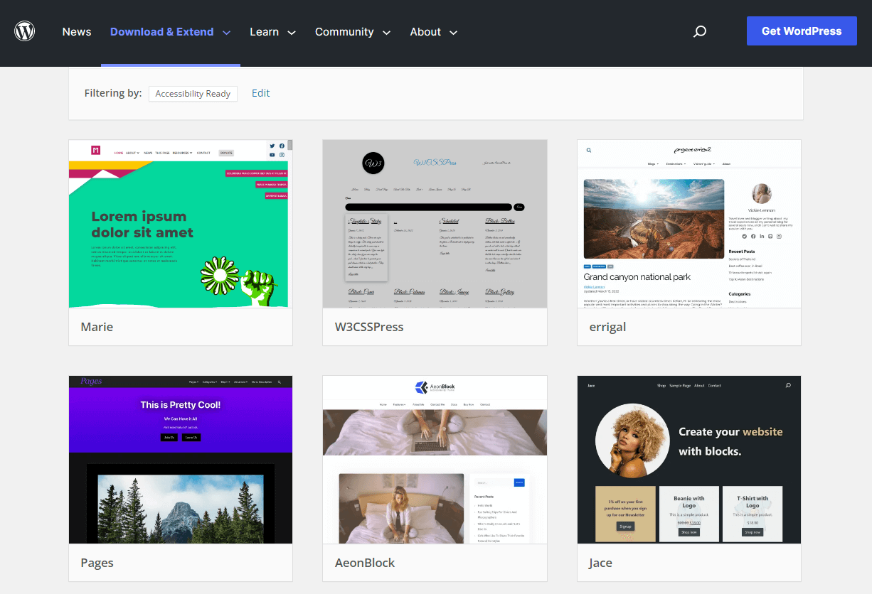Examples of WordPress’ accessibility-ready themes.
