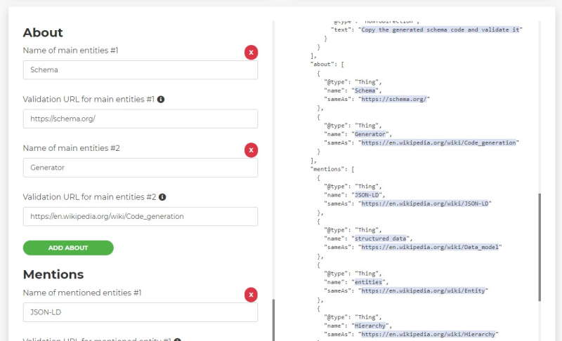 20i Schema Generator showing entity options