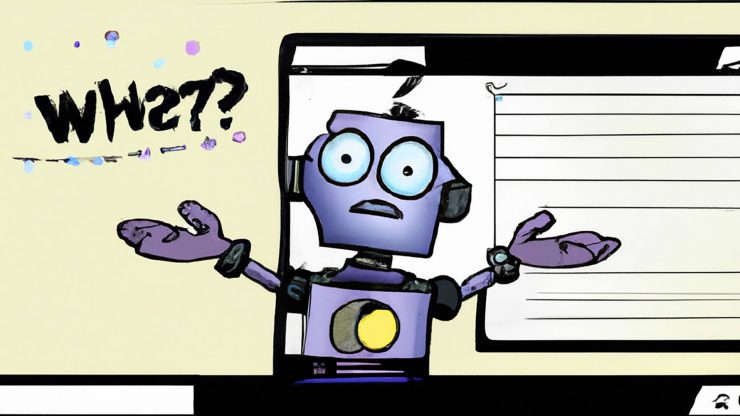 A robot stands in front of a website, looking confused