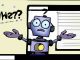 A robot stands in front of a website, looking confused