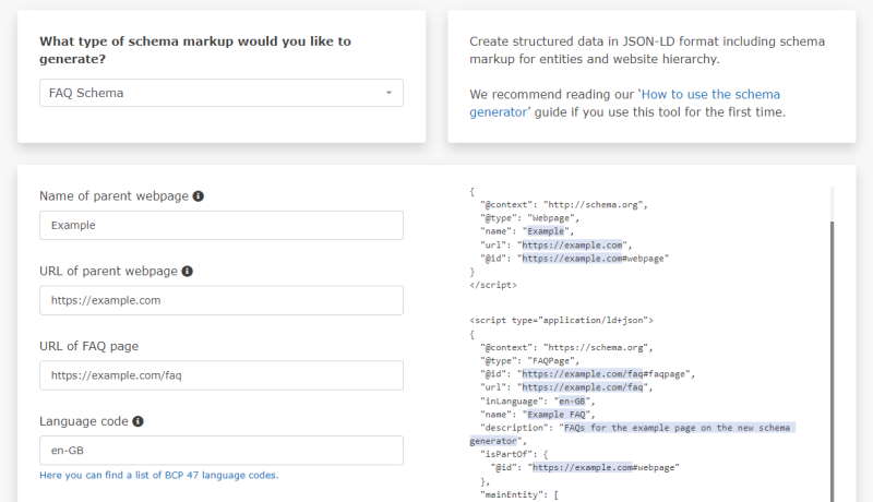 Schema generator creating code for hierarchical website structure.