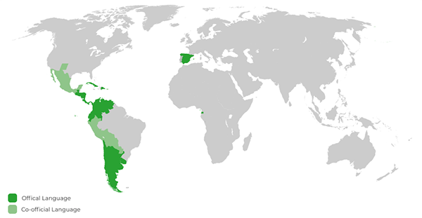 World map showing where Spanish is used as a main language