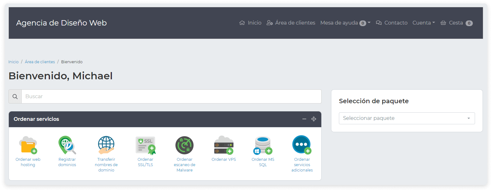 20i's StackCP control panel in Spanish