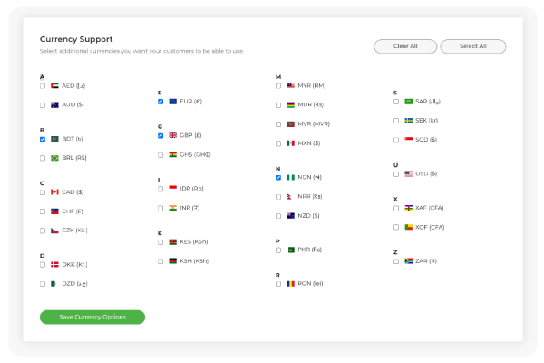 Screenshot of HostShop's currency selection options