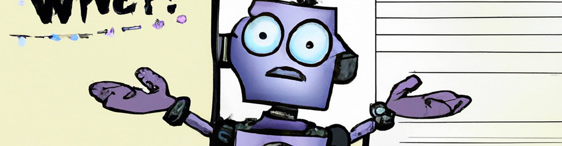 A robot stands in front of a website, looking confused