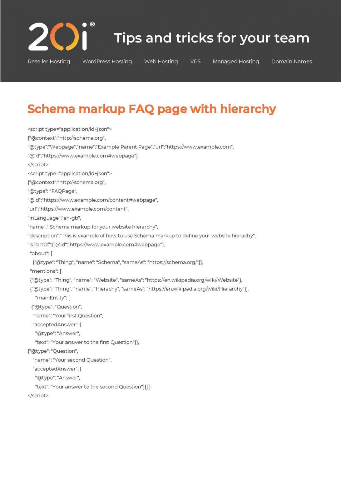 JSON-LD code for FAQ schema with entity and hierarchy markup